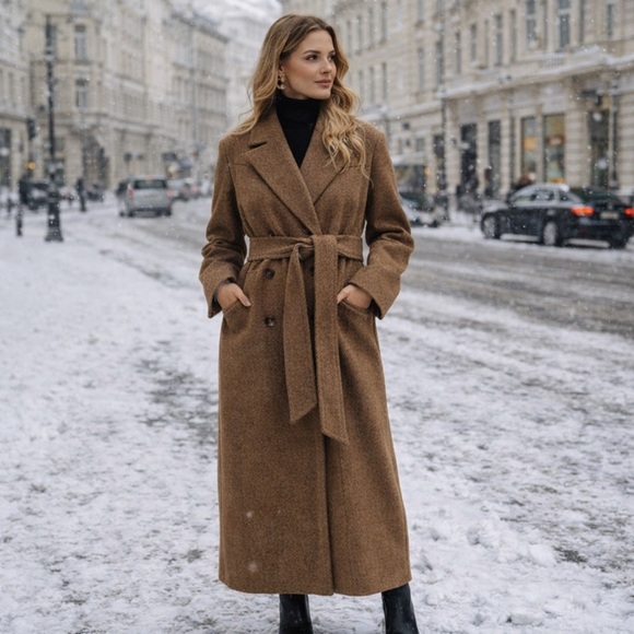 Luxury Long Pea Coat Belted Jacket dark Brown - Picture 1 of 13